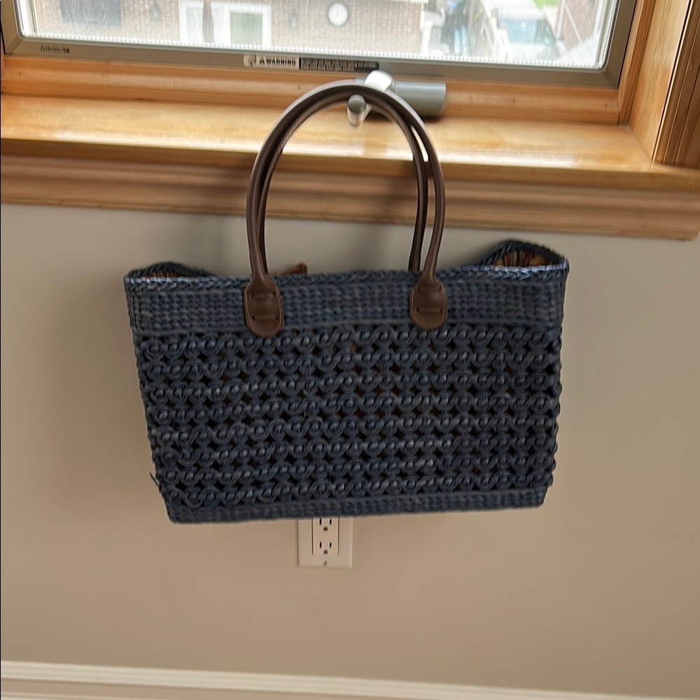 Stylish Blue and Brown Tote Bag with Woven Texture